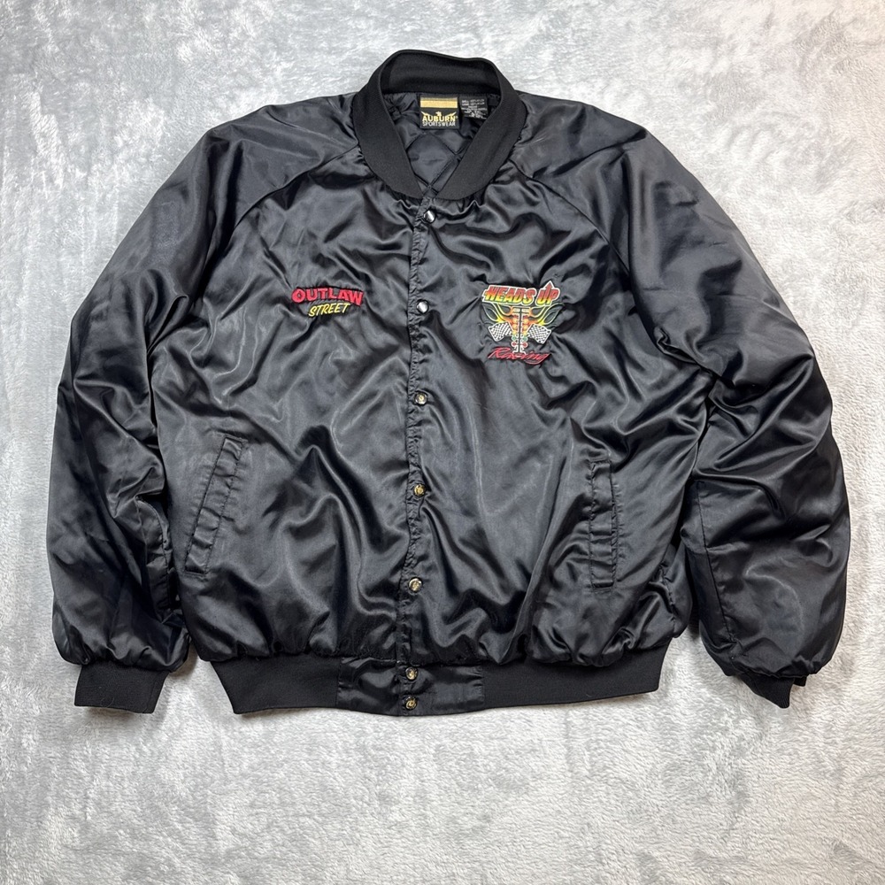 Vintage Heads Up Racing Satin Bomber‎ Jacket Men 2XL Black Distress Street